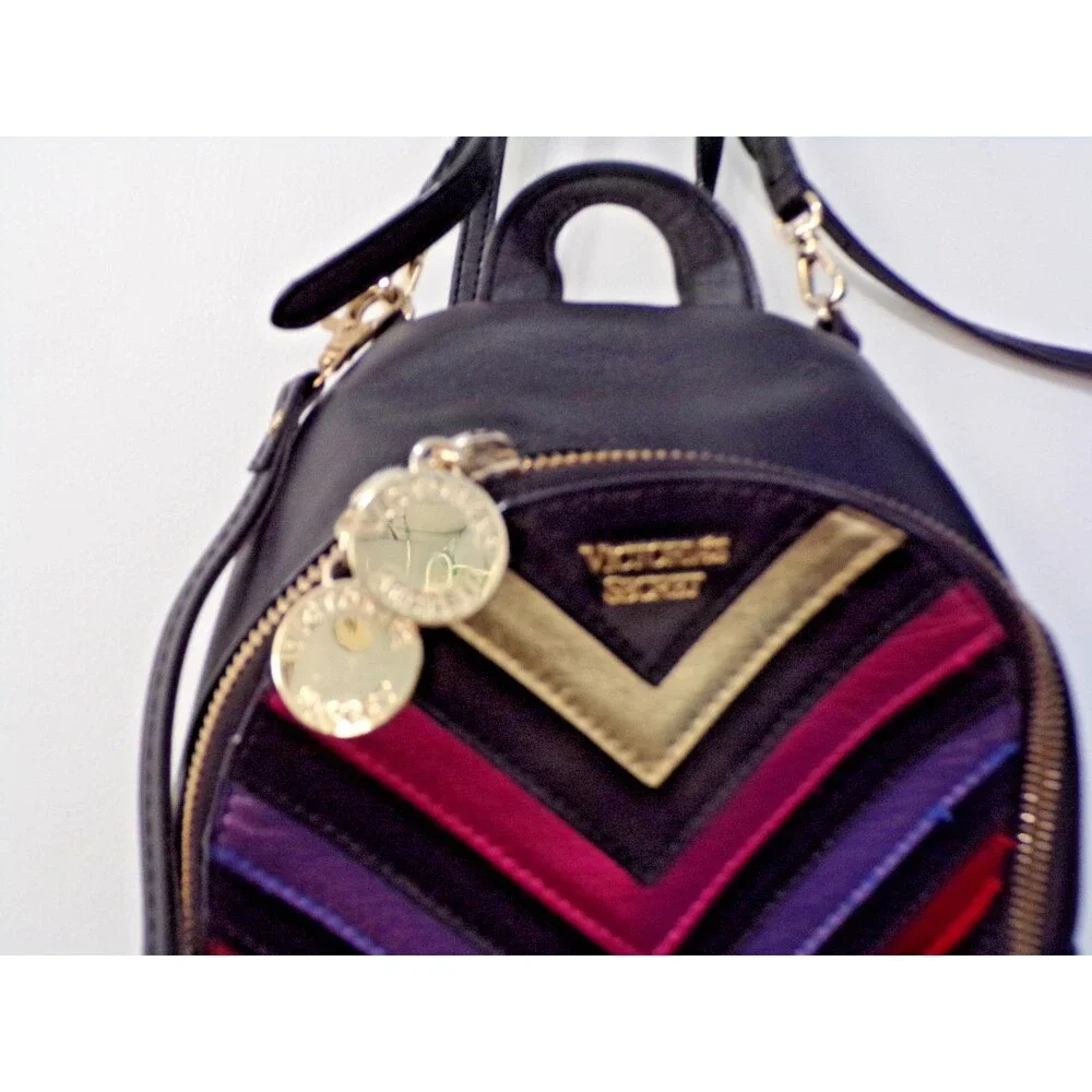 Victoria Secret Mini Backpack Black Quilted w/Adjustable Straps Gold Tone Accent